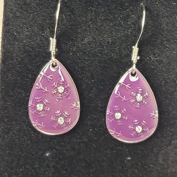 Snowflake Rhinestone Teardrop Earrings Purple Dangle Iridescent Swirl Pierced - Picture 2 of 8